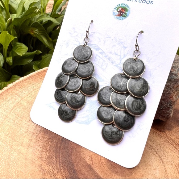 Marbled Enamel Grey and Silver Layered Dangle Drop Earrings - Picture 1 of 4